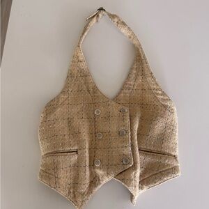 Yellow Tweed Double-Breasted Halter Vest